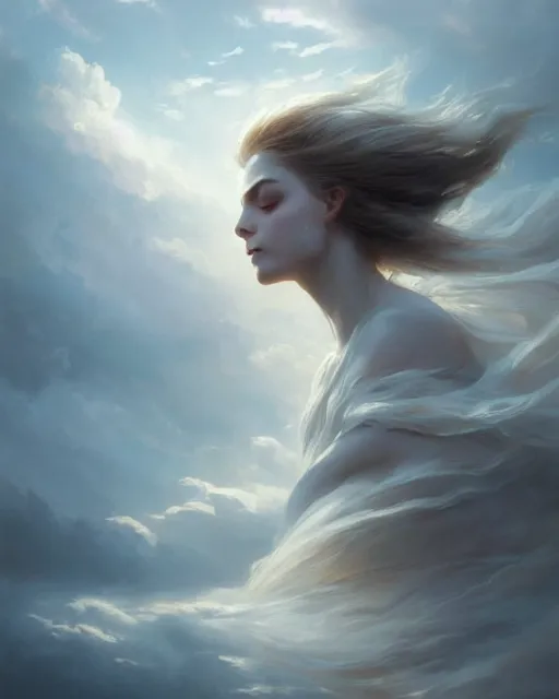 Prompt: a beautiful portrait of a serene beautiful wind goddess fading into the clouds by Greg Rutkowski and Raymond Swanland, Trending on Artstation, ultra realistic digital art