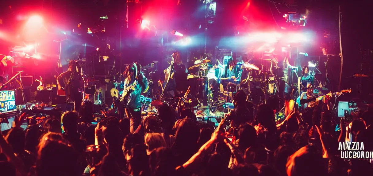 Prompt: The wide shot of disco punk rock Asian band with very long curly dark hair playing on guitars while Godzilla destructs the city and aliens steal their women, top soft box light, night city on the background, flying saucer in the sky, by Lubezki and David Lynch, anamorphic 35 mm lens, cinematic, anamorphic lens flares 4k