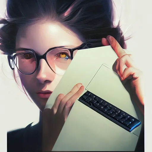 Image similar to hacker girl holding a keyboard, realistic shaded lighting poster by ilya kuvshinov katsuhiro otomo, magali villeneuve, artgerm, jeremy lipkin and michael garmash and rob rey