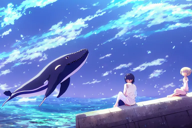 Image similar to a panorama distant view under the water, anime art full body portrait character concept art, hyper detailed cg rendering of a cute girl and whale, anime key visual of children of the sea, finely detailed perfect face, style of raphael lacoste, makoto shinkai, violet evergarden, studio ghibli, james jean, hayao miyazaki, extremely high quality artwork