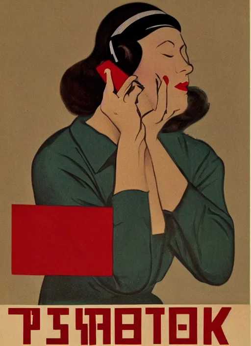 Image similar to soviet propaganda psoter of a woman covering her ears and with closed eyes