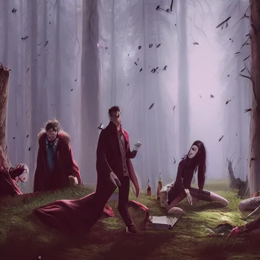 Image similar to group of vampires chilling at the forest smoking weed, realistic digital art 4 k, high quality, greg rutkowski, zabrocki, karlkka, jayison devadas, phuoc quan, trending on artstation, 8 k, ultra wide angle, zenith view, pincushion lens effect