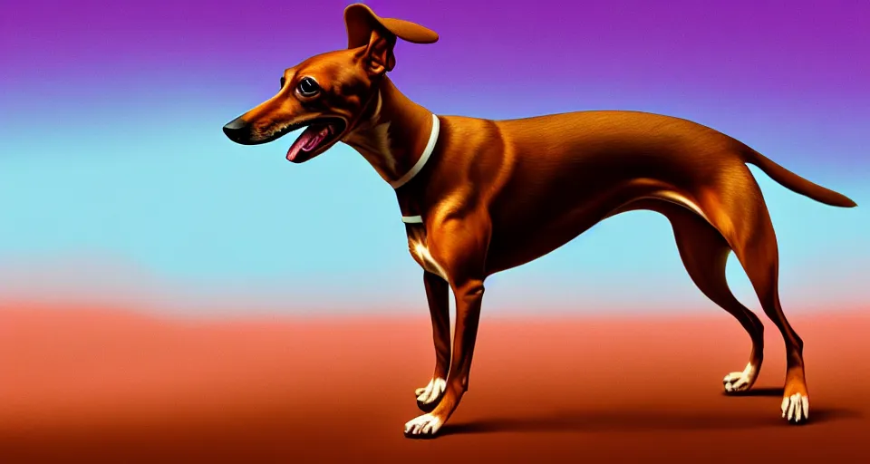 Image similar to a digital painting of a greyhound - sausage dog hybrid, isolated, hyperealism, award winning, stunning, trending on art - sation, highly detailed, cinematic lighting, 8 k, hd