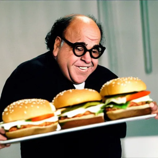 Image similar to Danny DeVito devouring a Big Mac