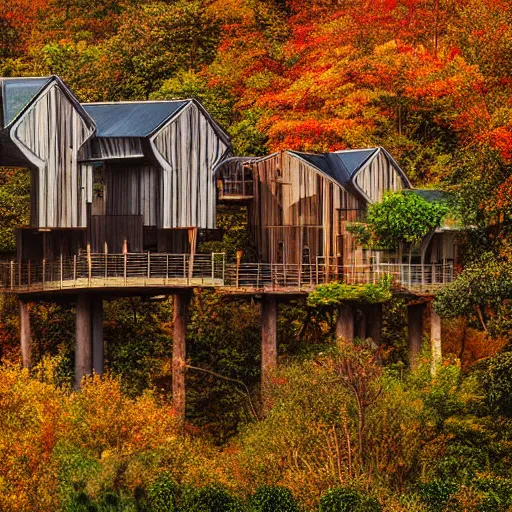 Prompt: a village full of tree houses nestled in a forest, modern architecture, golden hour, autumn leaves, realistic high quality art digital art