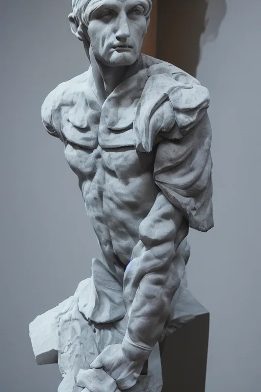 Prompt: marble sculpture of man in Adidas jacket sportswear, intricate sculpture, chiseled muscles, godlike, museum photo