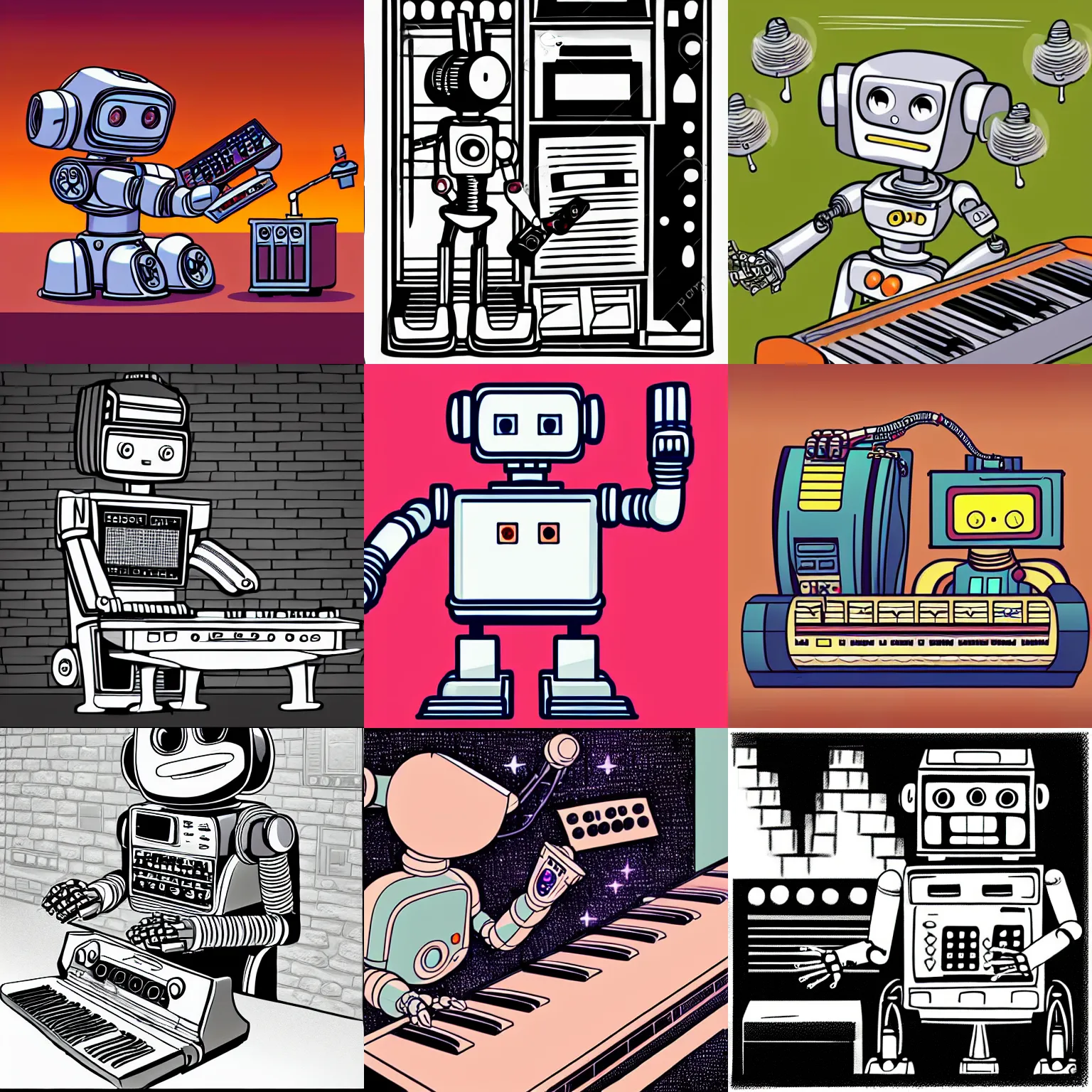 Prompt: a robot playing a synthesizer in the style of old cartoons, character, toon, illustration, vintage, detailed, high definition