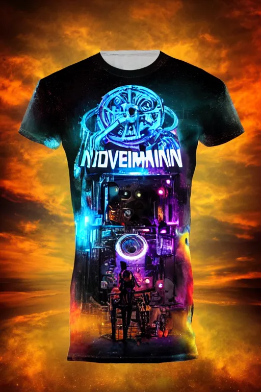 Prompt: a band shirt, printed tshirt with bandname is tripmachine, tourname is invasion of the tripmachines, realistic digital art, 3 d render of a huge futuristic steampunk generator, 8 k, fluorescent colors, halluzinogenic, multicolored, exaggerated detailed, unreal engine