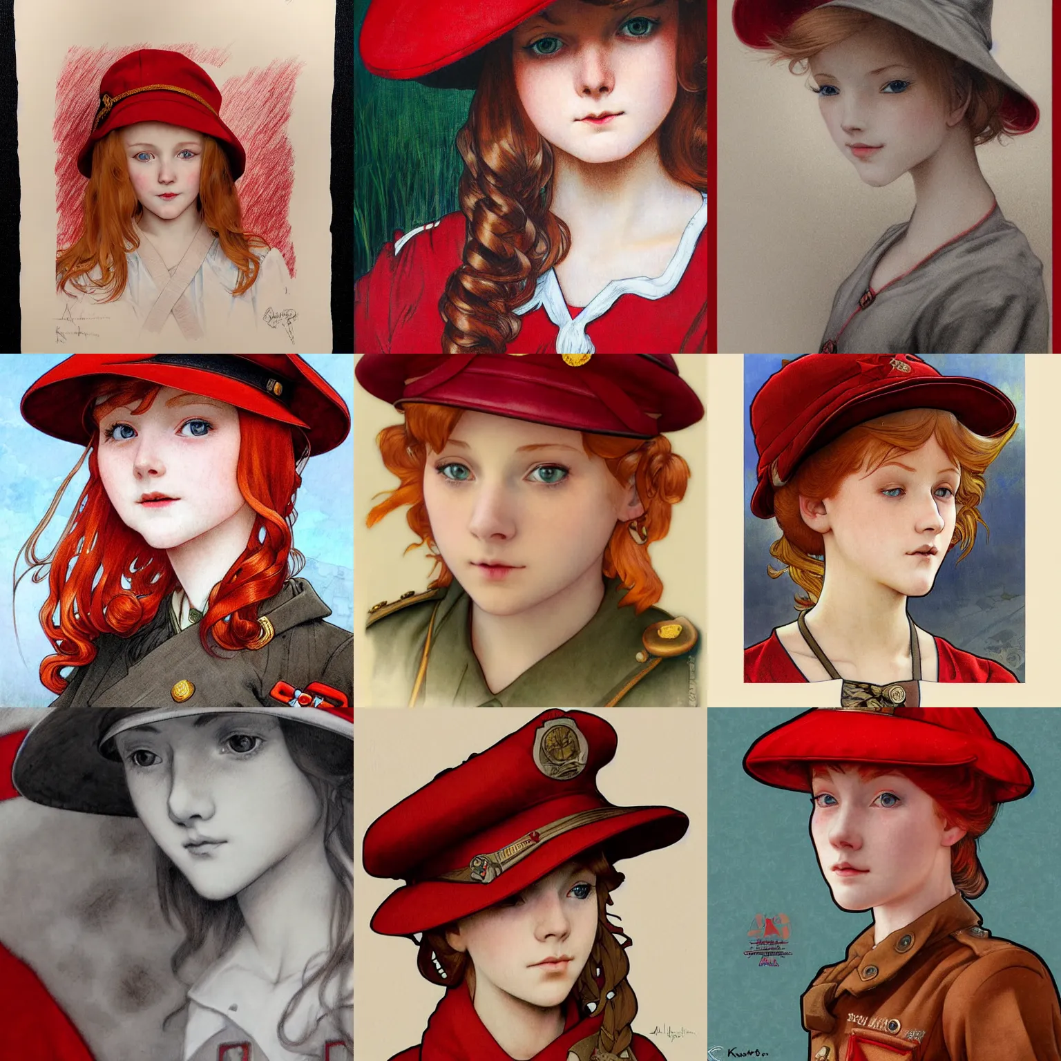 Prompt: closeup portrait of young redhead girl in red ww1 hat. insanely and epically detailed high-quality artwork with soft colors, exquisitely detailed soft shadowing, amazingly composed image, epic pencil illustration, by Range Murata and by Alphonse Mucha and by Katsuhiro Otomo