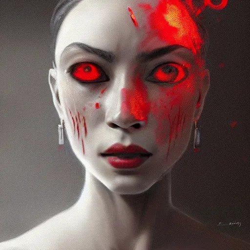 Prompt: portrait of a slave, blood red eyes, vampire fangs, fantasy, intricate, elegant, highly detailed, digital painting, artstation, concept art, matte, sharp focus, illustration, octane render, unreal engine, art by aenaluck and roberto ferri and greg rutkowski, epic fantasy, digital painting