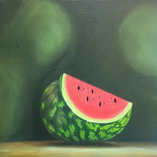 Prompt: an oil painting of a watermelon carrying a house