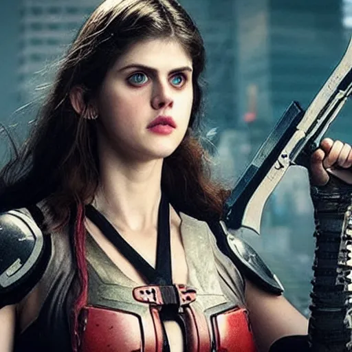 Prompt: photo of alexandra daddario as a cyberpunk warrior with weapons