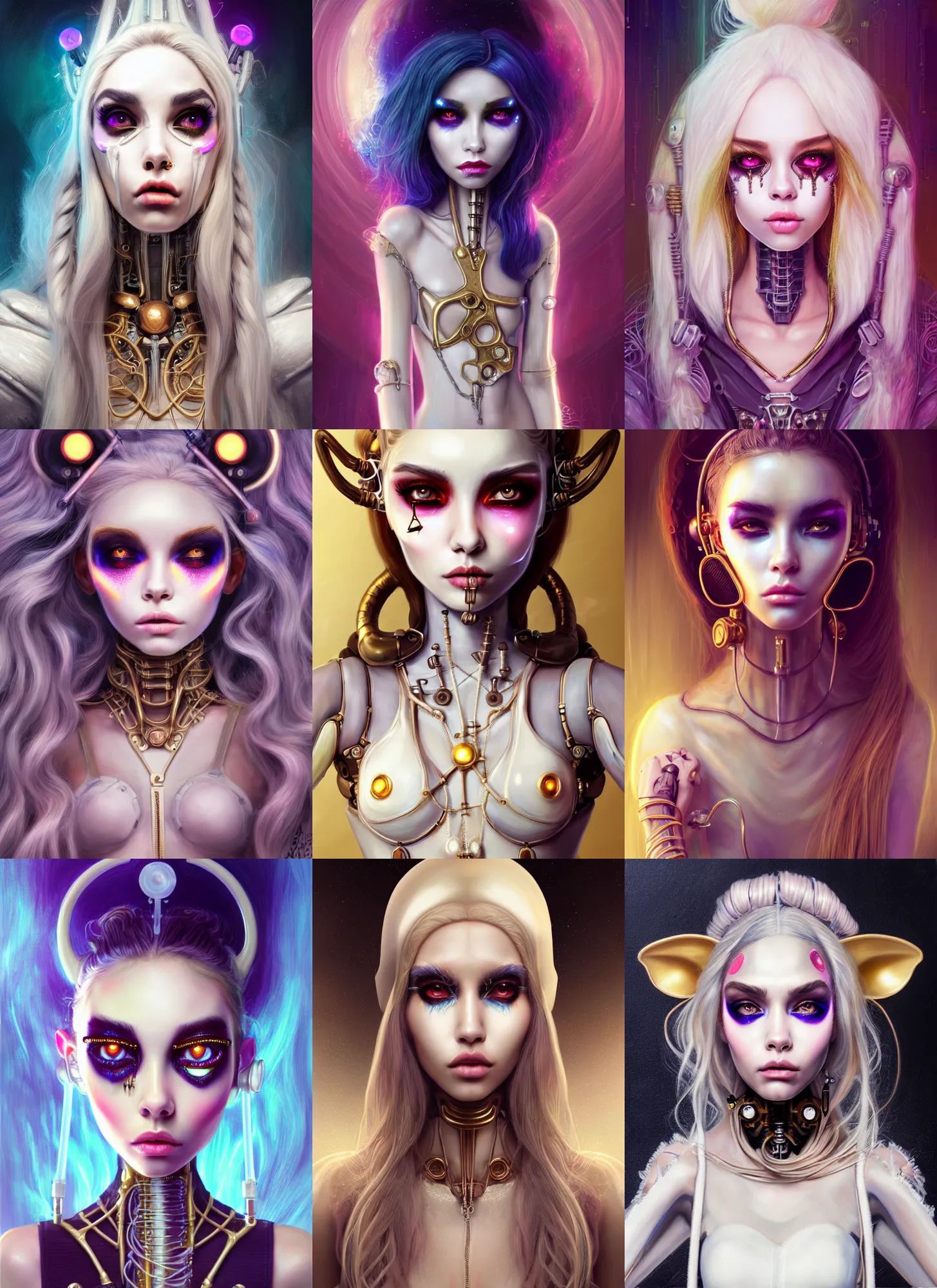 Image similar to soft lustrous ivory biotech raver clowncore madison beer gothic cyborg, earbuds, golden ratio, details, sci - fi, fantasy, cyberpunk, intricate, decadent, highly detailed, digital painting, ever after high, octane render, artstation, concept art, smooth, sharp focus, illustration, art by artgerm, loish, wlop