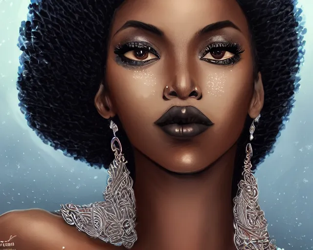 Prompt: A tall black skinned woman wearing a scarf with large lips and smooth eyebrows and curly hair, complimentary eyeliner, light blush and metallic eyeshadow, HD, illustration, epic, fantasy, intricate, elegant, amazing detail, digital painting, artstation, concept art, smooth, sharp focus, illustration, art by Turine Tran