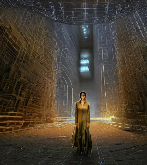 Image similar to selfie of tarkovsky greatest scene, hologram of the ancient destroyed majestic tower of babylon, a woman in futuristic cyber clothing, transparent puffer jacket, hyperealistic, blockchain, cyber world, ambient lighting, concept art, intricate, hyperdetailed, smooth, dynamic volumetric lighting, ocatane render, ray trace, cinematic, high quality, cgsociety