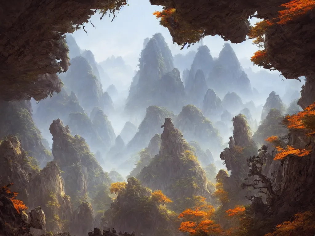 Image similar to huangshan with floating islands, zero gravity, karst pillars, complex buddisht temples on hilltops, artwork by federico pelat, andreas rocha, greg rutkowski, artstation, scifi, hd, wide angle, view on the valley from inside a grotto, autumnal