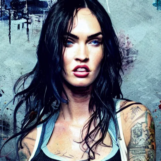 Image similar to megan fox, disco elysium, edgy, grungy, sad