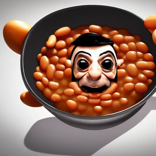 Image similar to mr bean is fused into a bowl of baked beans, artstation, cgsociety, 8 k