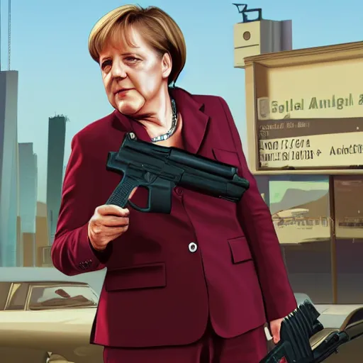 Image similar to Angela Merkel in GTA V, holding gun, smoking cigarette, cover art by Stephen Bliss, artstation, no text