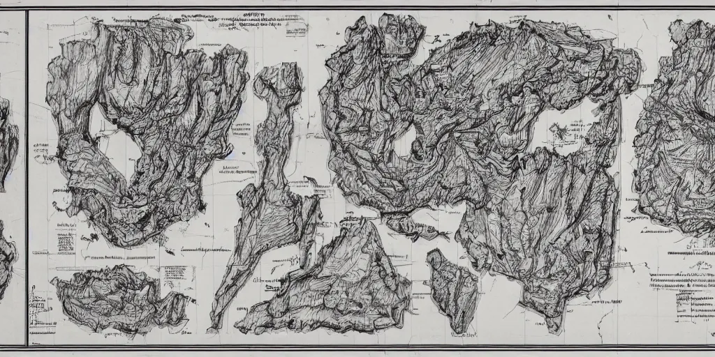 Image similar to technical drawing of dolomites and tyrolean folklore masks, multiple layers, detailed map, notes, stylized, blueprint, black and white, old, erosion