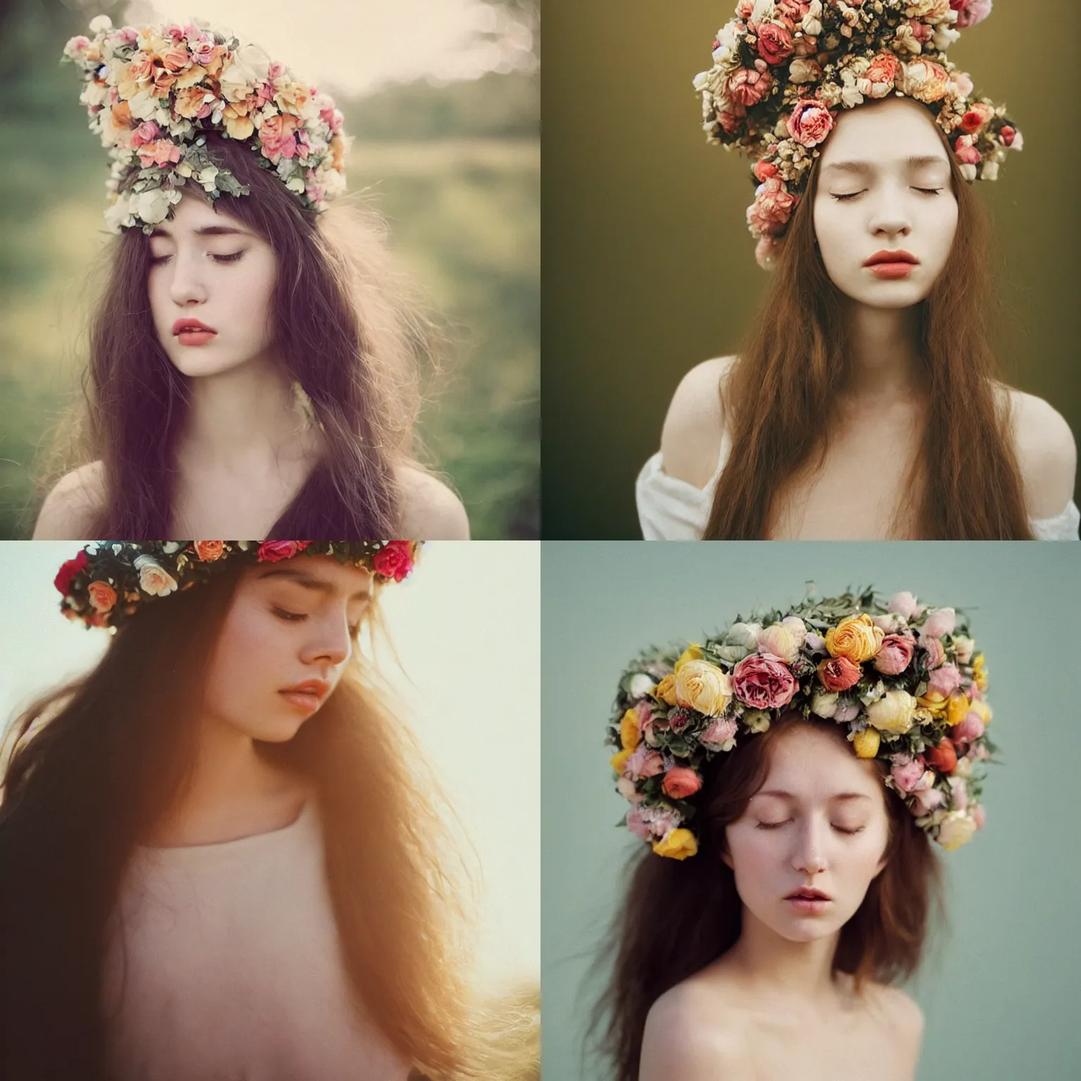 Prompt: An analog head and shoulder frontal face photography of woman wearing a big!!! oversize floral headpiece crown by Oleg Oprisco. Vogue. Long hair. closed eyes. Kodak Portra 800 film. Depth of field. whirl bokeh. Sunshine. detailed. hq. realistic. warm light. muted colors. Moody. Filmic. Dreamy. lens flare. Leica M9, f/1.2, symmetrical balance, in-frame