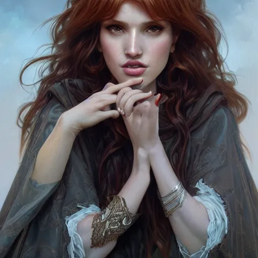 Image similar to ultra realistic illustration, bella thorne as witch, intricate, elegant, highly detailed, digital painting, artstation, concept art, smooth, sharp focus, illustration, art by artgerm and greg rutkowski and alphonse mucha
