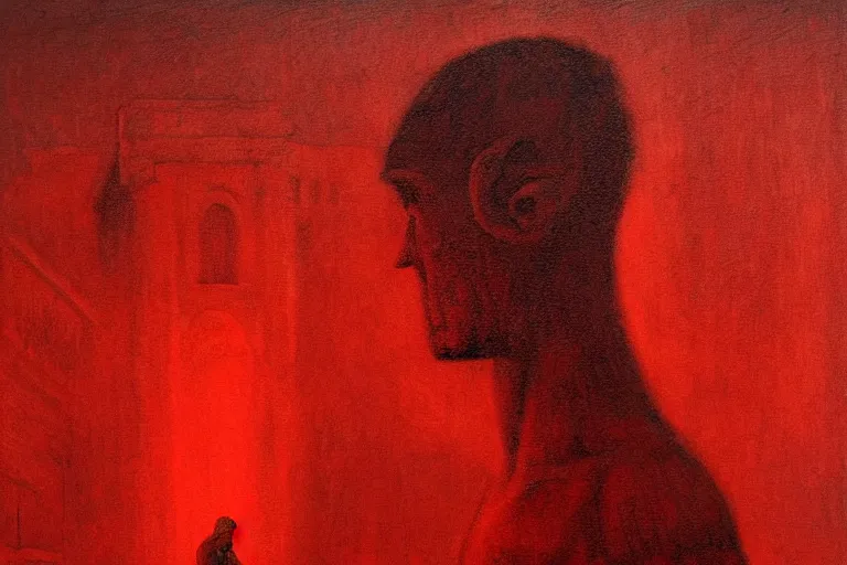 Image similar to only with red, caesar after war, a red tiger, in hoc signo vinces, rome in background, an ancient path, in the style of beksinski, part by hopper, part by rodcenko, part by hofbauer, intricate composition, red by caravaggio, insanely quality, highly detailed, masterpiece, red light, artstation