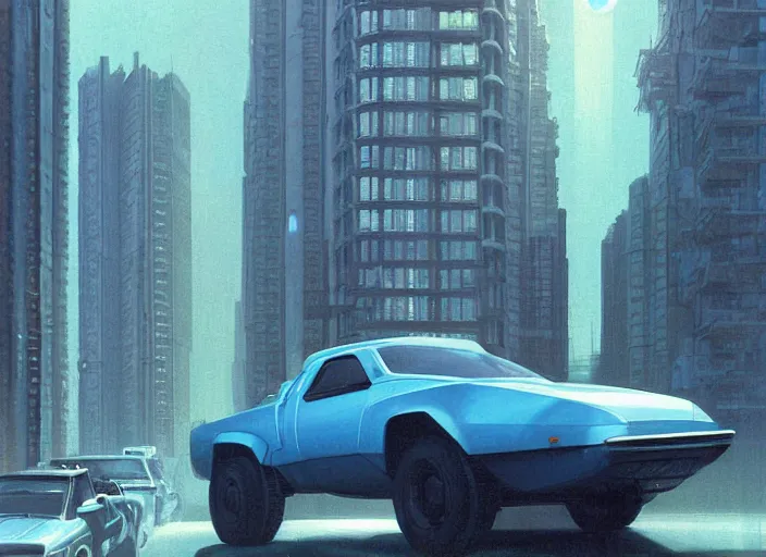 Image similar to a blue car driving down a street next to tall buildings, cyberpunk art by Chesley Bonestell, cgsociety, retrofuturism, matte painting, reimagined by industrial light and magic