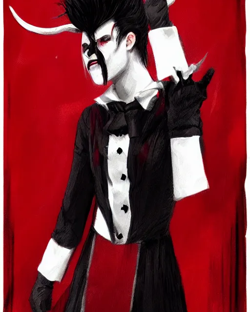 Image similar to Medium shot of Red Imp + White black striped horns + Formal outfit, in the style of greg rutkowski