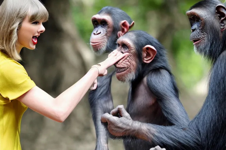 Image similar to Taylor Swift shaking hands with a chimpanzee