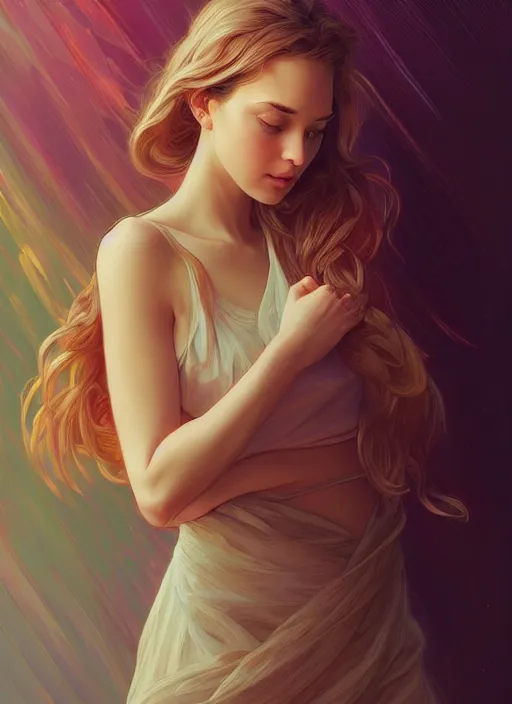 Image similar to handsome young women with shoulder length blonde hair, half body shot, path traced, highly detailed, high quality, digital painting, alena aenami, lilia alvarado, shinji aramaki, karol bak, alphonse mucha, tom bagshaw