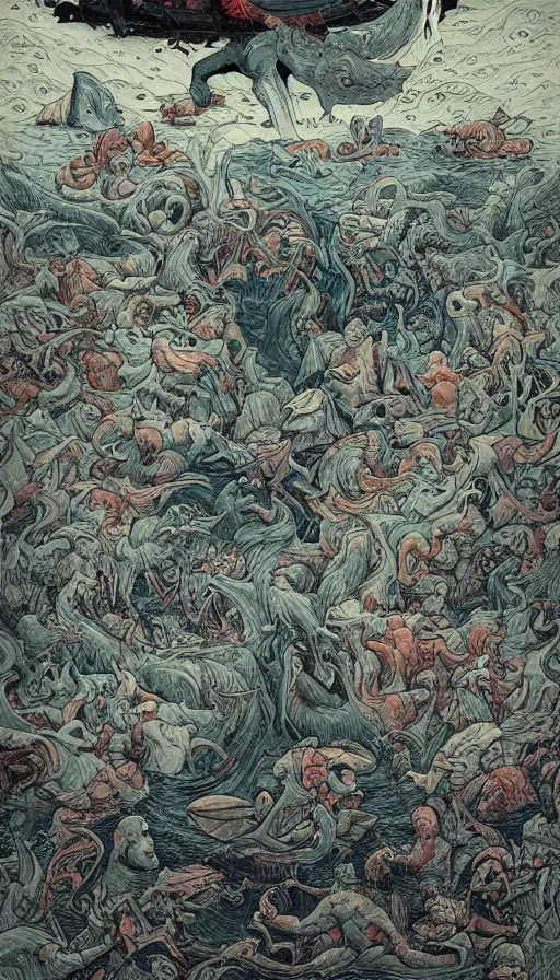 Image similar to man on boat crossing a body of water in hell with creatures in the water, sea of souls, by james jean