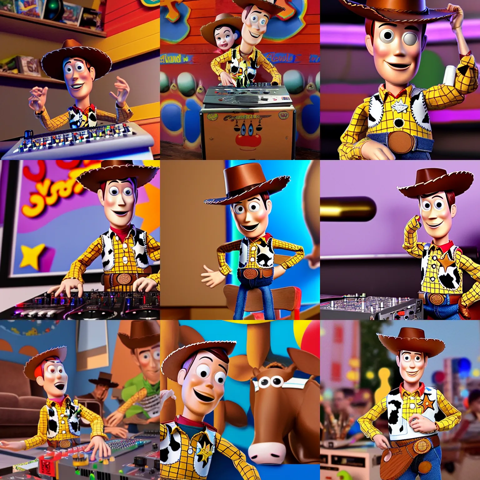 Prompt: Woody from Toy Story DJing, photoreal