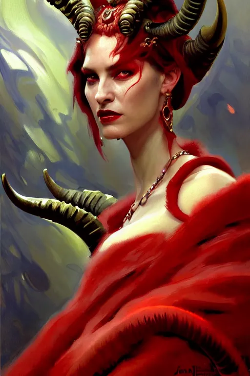 Image similar to painted close - up portrait of a very attractive red - skinned intimidating demon alien queen with ram horns! oil painting, wearing a noblewoman's outfit, fantasy art by john singer sargent and gaston bussiere and james jean and greg rutkowski, demon noble character design, hd