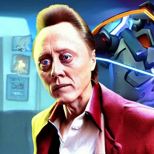 Prompt: Christopher Walken as a character in the game Overwatch, with a background based on the game Overwatch