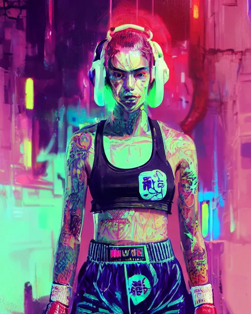 Image similar to detailed portrait Neon boxer Girl, cyberpunk futuristic neon, reflective crop top and shorts, boxing gloves, decorated with traditional Japanese ornaments by Ismail inceoglu dragan bibin hans thoma greg rutkowski Alexandros Pyromallis Nekro Rene Maritte Illustrated, Perfect face, fine details, realistic shaded, fine-face, pretty face