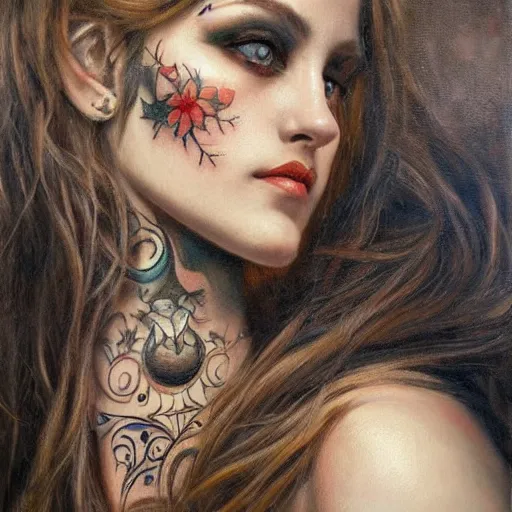 Image similar to photorealistic painting of a female tattooed face with piercings, realistic eyes, symmetric face, beautiful bone structure, dark blonde long hair, painting by gaston bussiere