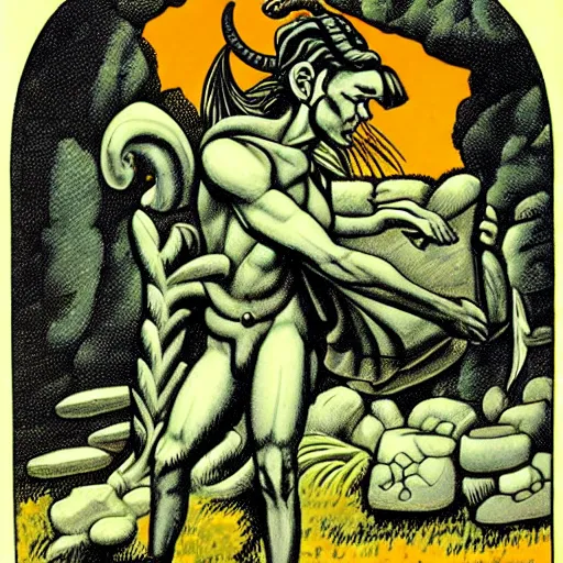 Image similar to A satyr scribe, by Terry Oakes, Art Spiegelman, Strobe light, Dynamic Perspective, Half rear lighting, High dynamic range, Noon