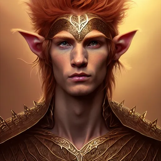 Prompt: portrait painting of an elven male teen with short light orange hair and tribal tattoos on his face wearing fur armor, ultra realistic, concept art, intricate details, eerie, highly detailed, photorealistic, octane render, 8 k, unreal engine. art by artgerm and charlie bowater and magali villeneuve and alphonse mucha