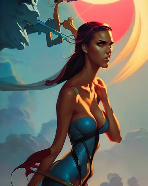 Prompt: peter mohrbacher, phil noto comicbook cover art, jessica alba as riptide