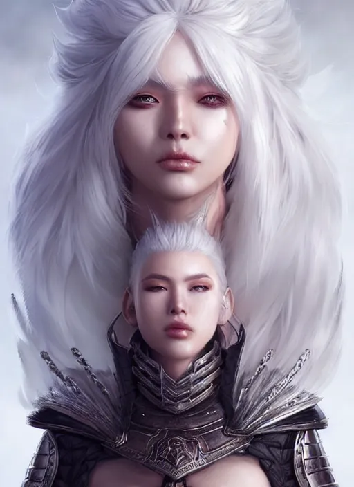 Image similar to warrior, fur leather armor!!! beautiful and elegant white hair female!! gorgeous ayes!! character concept art, sharp focus, octane render! unreal engine 5! highly rendered!! trending on artstation!! detailed linework!! illustration by artgerm, wlop, and chie yoshii