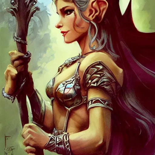 Image similar to elven princess character portrait by frank frazetta - wearing a dress, holding a staff, fantasy, dungeons & dragons, sharp focus, beautiful, artstation contest winner, detailed