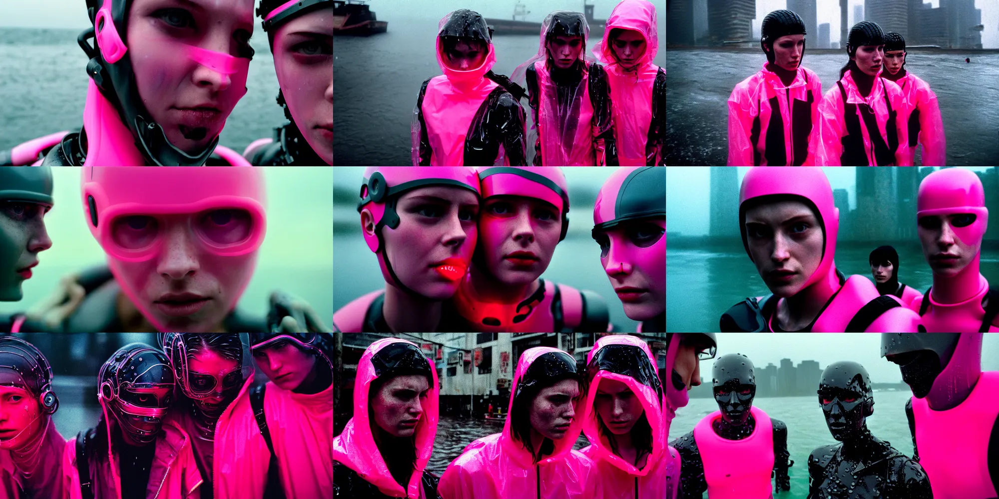 Prompt: cinestill 5 0 d candid photographic portrait by bruce davidson of two cyborgs wearing rugged neon pink mesh techwear in treacherous waters, extreme closeup, modern cyberpunk moody depressing cinematic, pouring rain, 8 k, hd, high resolution, 3 5 mm, f / 3 2, ultra realistic faces, ex machina