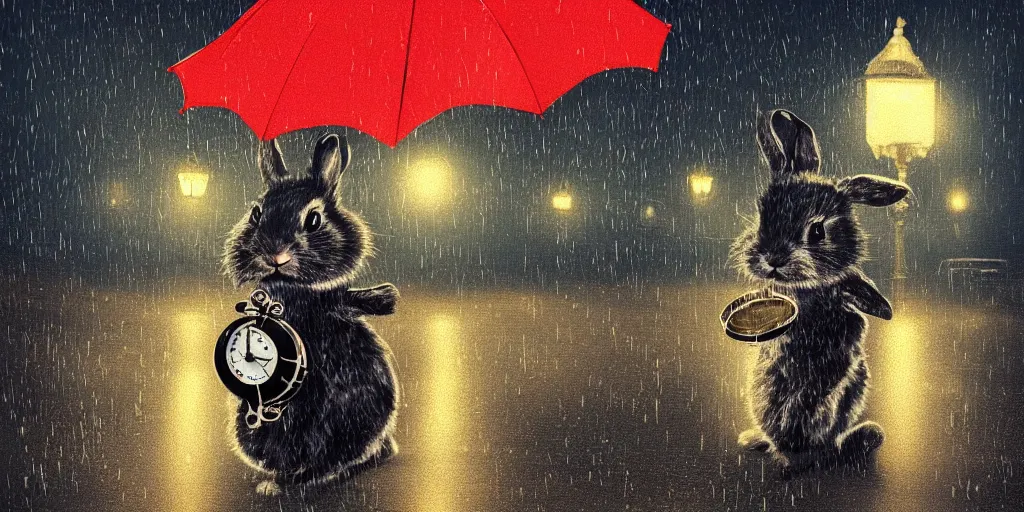 Image similar to a time traveling rabbit holding a pocket watch and an umbrella, rainy night, city lights, streetlights, digital art, sharp, 1 9 8 0 s style