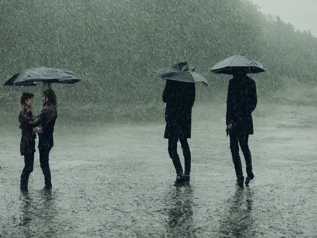 Image similar to A shot from a film directed by Martin de Thurah, shot by Kasper Tuxen, a love story, in the rain, in the future