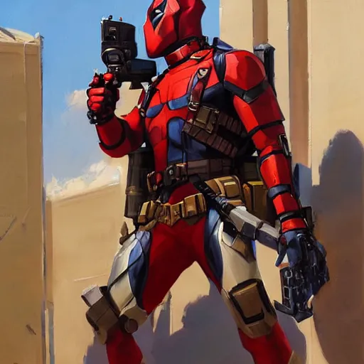 Image similar to greg manchess portrait painting of armored deadpool as overwatch character, medium shot, asymmetrical, profile picture, organic painting, sunny day, matte painting, bold shapes, hard edges, street art, trending on artstation, by huang guangjian and gil elvgren and sachin teng