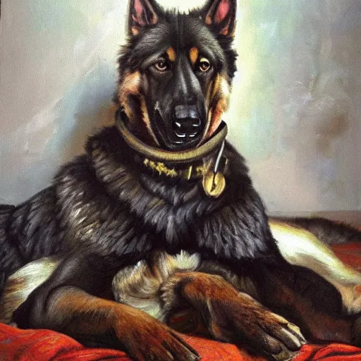 Image similar to a oil painting of a humanoid german shepherd beast - man, wearing military outfit, sitting on the carpeted floor beside a bed