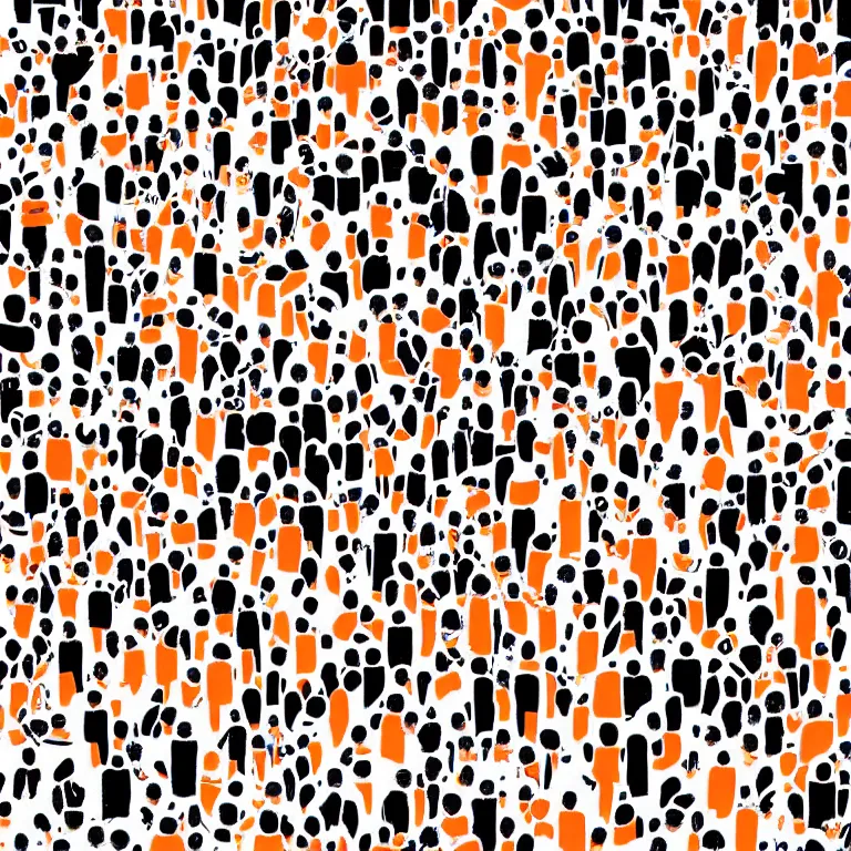 Prompt: simple risograph graphic illustration, community of people, basic shapes, orange white and black, clean edges by moritz wienert