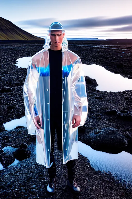 Image similar to an ultra high definition professional high fashion portrait studio full length photograph of a male model wearing a transparent pearlescent raincoat and neon visor in an icelandic black rock environment at dawn. no artefacts. extremely detailed. stark. refraction. shallow depth of field. volumetric light and shadow. ray tracing. light rays.