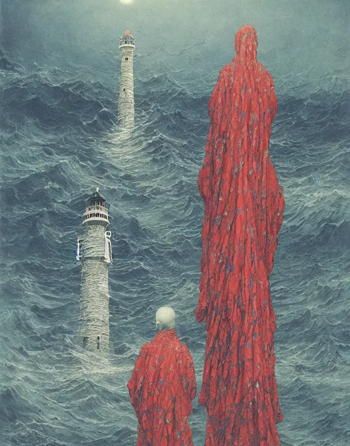 Prompt: worshippers in robes belonging to the cult of the lighthouse standing in waves, a lighthouse, high detailed Beksinski painting, part by Adrian Ghenie and Gerhard Richter and Ian Miller. art by Takato Yamamoto. masterpiece, deep colours, blue